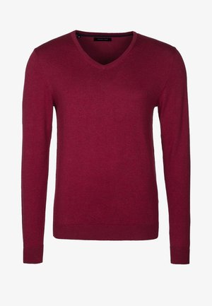 Pull V en bordeaux avec des manches longues, en tissu tricoté doux, avec des poignets et un ourlet côtelés pour un look ajusté.