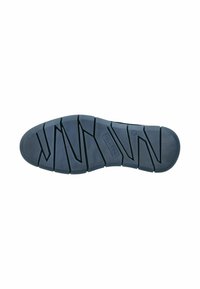 Suola di scarpa in gomma nera con un motivo a zig zag per la trazione. Presenta una superficie testurizzata e un design della punta arrotondata.