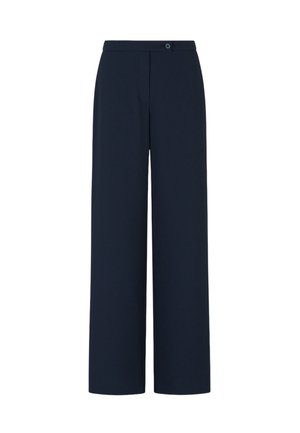 Pantaloni a gamba larga in tessuto blu scuro con una texture liscia, dotati di chiusura con bottone e pieghe pulite per un look sartoriale.