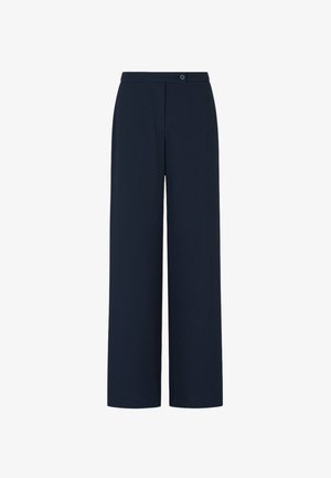 Pantaloni a gamba larga in tessuto blu scuro con una texture liscia, dotati di chiusura con bottone e pieghe pulite per un look sartoriale.