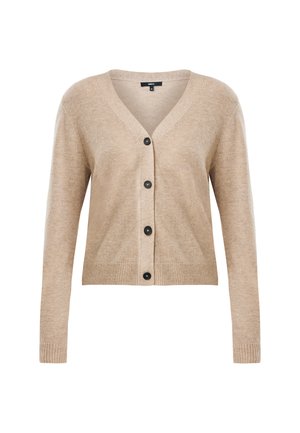 Cardigan beige à col en V avec des manches longues et quatre boutons noirs à l'avant, doté de poignets et d'un ourlet côtelés, taille moyenne.