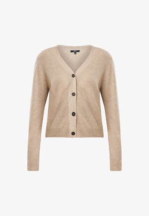 Beige V-hals cardigan med lange ærmer og fire sorte knapper foran, med ribbede manchetter og kant, størrelse medium.
