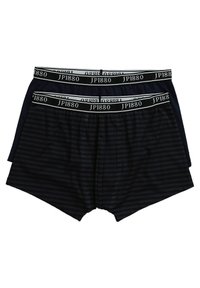 Deux paires de boxers pour hommes ; l'une en bleu marine uni et l'autre en tissu à rayures foncées. Ceinture élastique large avec le logo "JP1880".