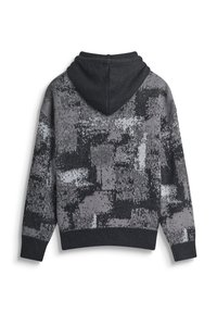 Donkergrijze hoodie met een gestructureerd abstract patroon in verschillende tinten grijs, weergegeven vanaf de achterkant.
