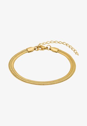 Goldfarbener Armreif mit einem flexiblen, schlangenförmigen Design, ausgestattet mit einem Verschluss und einer verstellbaren Kette für die Größe. Glatte, glänzende Oberfläche.