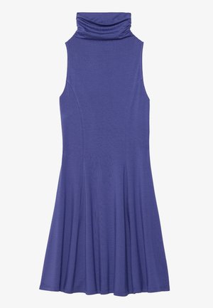 Ärmelloses, lila Kleid mit Kragen, tailliertem Oberteil und ausgestelltem Rock. Hergestellt aus einem weichen, strukturierten Stoff mit einer glatten Oberfläche.