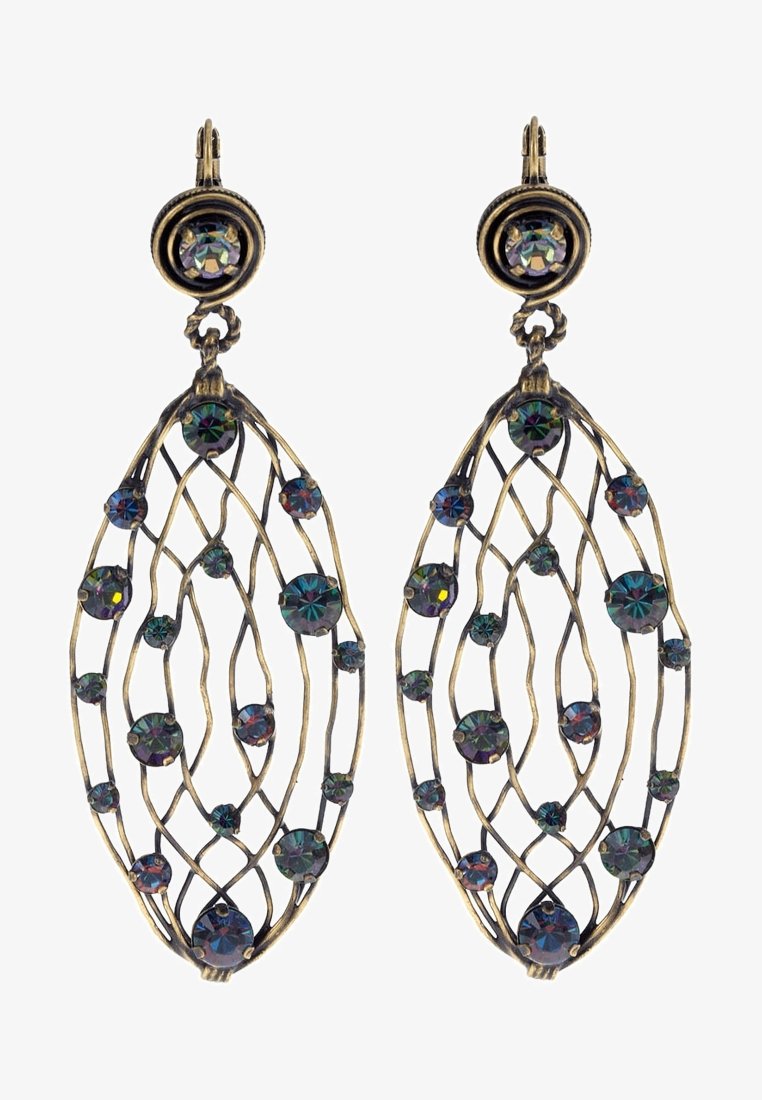 Paire de boucles d’oreilles pendantes dorées antiques avec un motif en treillis ouvert et des pierres précieuses rondes multicolores disposées partout.