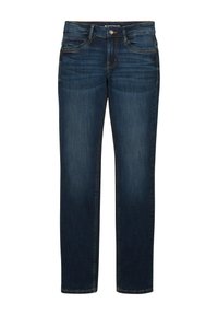 Jean en denim bleu foncé avec une coupe droite, des coutures contrastées et un design à cinq poches avec une fermeture à bouton à la taille.