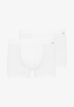 Boxer shorts bianchi realizzati in un tessuto liscio e elastico. Presentano una tasca sagomata e un sottile elastico in vita con un piccolo cartellino logo.