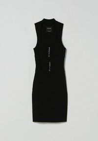 Abito bodycon nero senza maniche con scollatura profonda, texture a coste e tre decorazioni argentate. Design minimalista, silhouette aderente.