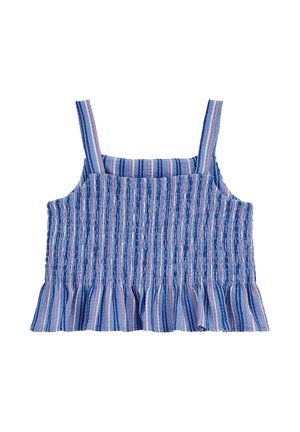 Top corto blu plissettato con righe verticali rosa e bianche e orlo arricciato con ampie spalline.
