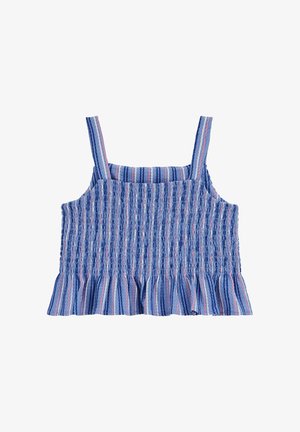 Modrý krátky top s nariasením, so zvislými ružovými a bielymi pruhmi a volánikovým lemom so širokými ramienkami.
