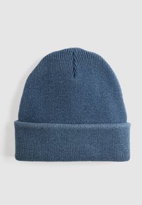 Dark blue knitted beanie with a folded cuff, featuring a ribbed texture and a tapered top, made from soft acrylic or wool blend material.