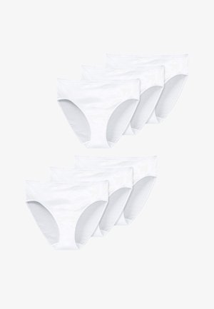 Fünf Paar weiße Baumwollslips mit weichem Material, Hipster-Schnitt und breiten Seitenpanels. Entworfen für Komfort und den täglichen Gebrauch.