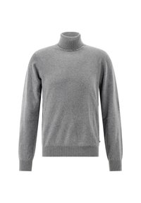 Grau gestrickter Rollkragenpullover aus weichem Material. Hat lange Ärmel und gerippte Bündchen sowie Saum. Einfache, glatte Textur ohne Muster.