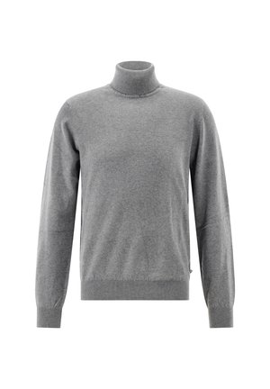 Grau gestrickter Rollkragenpullover aus weichem Material. Hat lange Ärmel und gerippte Bündchen sowie Saum. Einfache, glatte Textur ohne Muster.
