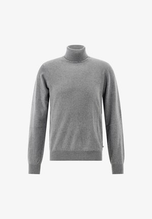 Grau gestrickter Rollkragenpullover aus weichem Material. Hat lange Ärmel und gerippte Bündchen sowie Saum. Einfache, glatte Textur ohne Muster.