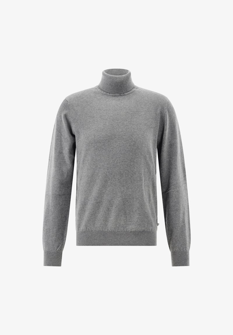 Grau gestrickter Rollkragenpullover aus weichem Material. Hat lange Ärmel und gerippte Bündchen sowie Saum. Einfache, glatte Textur ohne Muster.