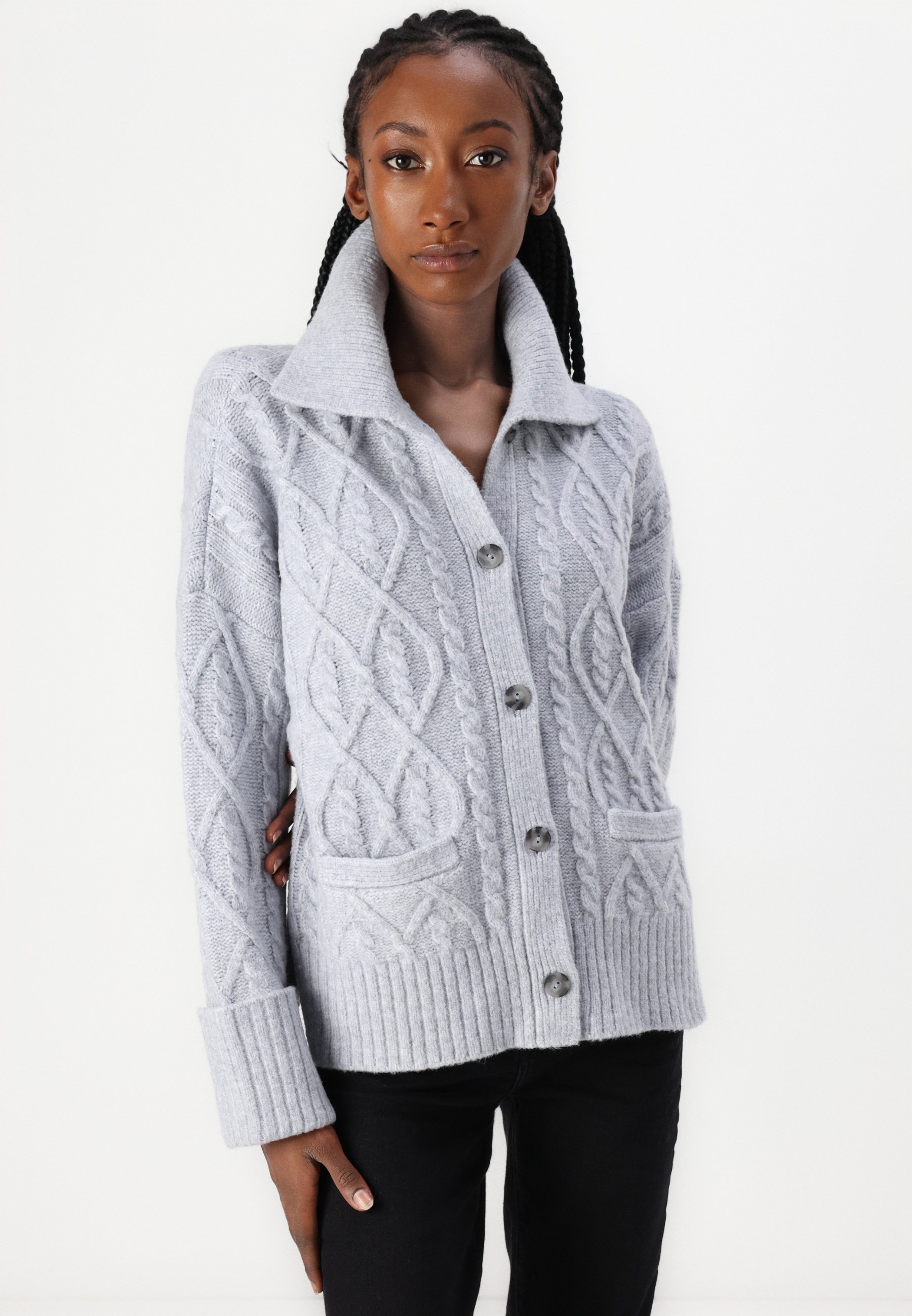 Abercrombie & Fitch Cable-Knit Collared Cardigan - Cardigan - grey