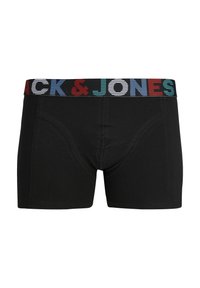 Calzoncillos boxer negros de mezcla de algodón, con una cinturilla elástica a rayas multicolores que muestra "JACK & JONES" en letras gruesas.