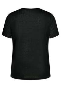 Černé tričko s krátkým rukávem a kulatým výstřihem, vyrobené z texturované látky a s volným střihem, bez viditelných vzorů nebo akcentů.