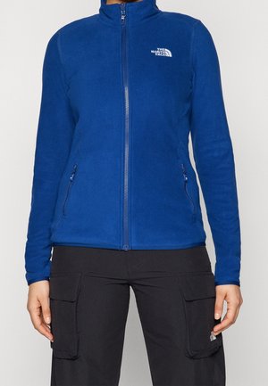 Personne portant une veste polaire bleue zippée avec le logo The North Face et un pantalon cargo noir avec des poches latérales.