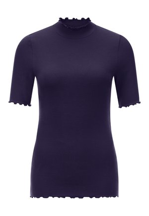 Haut bleu marine à manches courtes avec un col froncé haut et des bords festonnés aux manches et à l'ourlet. Fabriqué à partir d'un matériau doux et extensible.