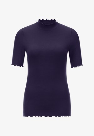 Top corto a maniche corte in blu navy a costine con colletto arricciato alto e bordi ondulati sulle maniche e sull'orlo. Realizzato in un materiale morbido ed elasticizzato.