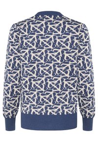 Pull en tricot avec un motif complexe mariné et crème, col et poignets côtelés, avec une coupe décontractée et une finition texturée.