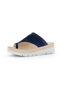 Navy slide-on sandals with two textured straps, a cork-like midsole, and a white rubber outsole, featuring a slightly raised design.