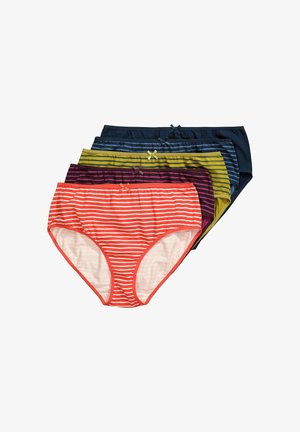 Set of four women's brief panties in various colors with horizontal stripes; features bows on waistbands. Colors include red, navy, green, and purple.