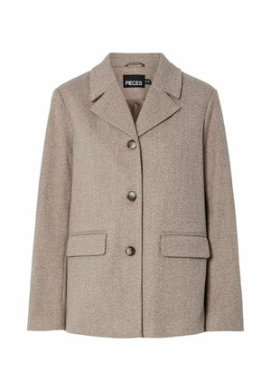 Beige uld blandings blazer med notched krave, knap lukning, to forreste lommer og en glat inderside. Har et herringbone mønster.