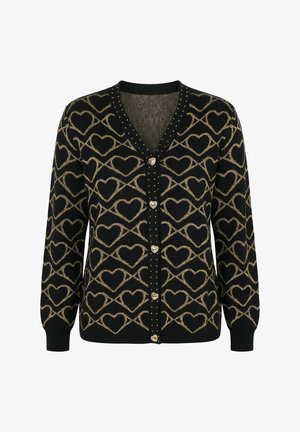 Schwarze Strickjacke mit goldenem Herz- und Unendlichkeitssymbol, goldfarbener Nietenverzierung entlang des V-Ausschnitts und herzförmigen goldenen Knöpfen vorne.