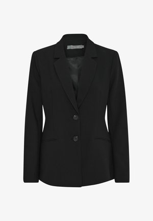 Musta bleiseri, jossa on jämäkkä muotoilu, yksirivinen malli, läpärekaulus, kaksi etunappia ja sivutaskut. Sujuva kankaan tekstuuri.