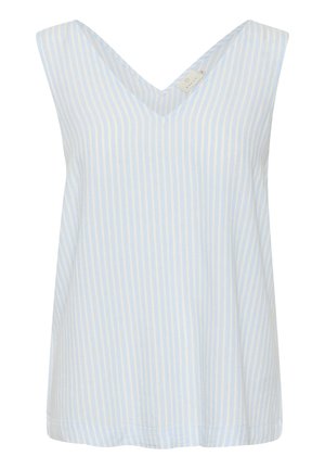 Top senza maniche a righe blu chiaro e bianche con scollatura a V e vestibilità rilassata. Presenta un tessuto morbido e strutturato con orlo irregolare.