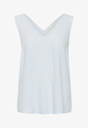 Hele sinine ja valge triibuline ilma varrukateta pluus V-kaelusega ning lõdva istuvusega. Omab pehmet, tekstuurset kangast ebaühtlase äärega.