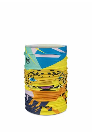 Multicolored tubular neck gaiter with abstract geometric shapes and animal print design, featuring the Buff logo on a blue-green section.