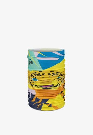 Multicolored tubular neck gaiter with abstract geometric shapes and animal print design, featuring the Buff logo on a blue-green section.