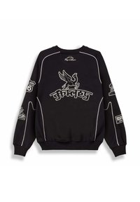 Felpa nera con piping bianco, caratterizzata da un design grafico di un logo di uccello e testo sul davanti e sulle maniche. Polsini e orlo a costine.