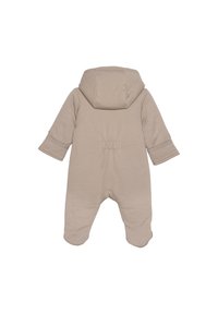 Beige, langärmliger Einteiler mit Kapuze, der auf der Rückseite eine geraffteDetails und angenähte Bündchen an den Ärmeln aufweist. Hergestellt aus weichem, dehnbarem Stoff.