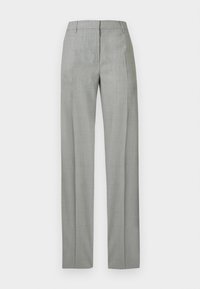 Ανοιχτό γκρι παντελόνι με ομαλή υφή, σχεδιασμό με ίσια γραμμή και εφαρμογή με ραφή. Διαθέτει επίπεδη μπροστινή όψη και μέση με θηλιές για ζώνη.