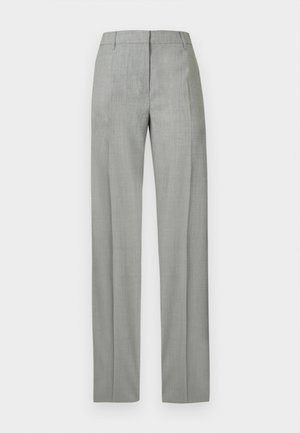 Világosszürke nadrág sima tapintású anyagból, egyenes szárú kialakítással és szabott szabással. Lapos elülső résszel és övcsipeszekkel ellátott derékrésszel rendelkezik.