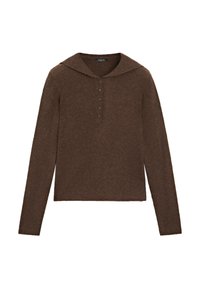 Brown ribbed knit long-sleeve top with a pointed collar and five buttons down the front center.