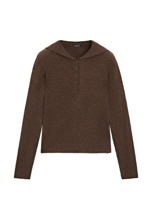 Brown ribbed knit long-sleeve top with a pointed collar and five buttons down the front center.