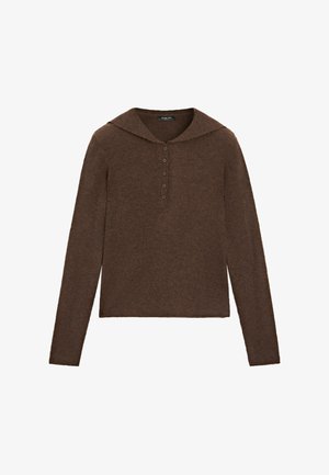 Brown ribbed knit long-sleeve top with a pointed collar and five buttons down the front center.