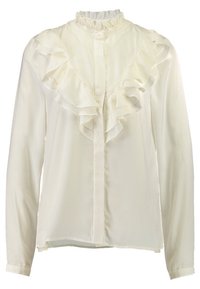 Krémová blůza s volánkovým detailem na přední straně, vysokým volánkovým výstřihem a dlouhými rukávy. Vyrobena z lehké, hladké látky.