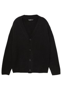 Cardigan negru tricotat cu decolteu în V, mâneci lungi și textură cu nervuri. Are cinci butoane frontale și o croială lejeră.