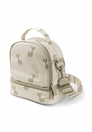 Zaino beige chiaro con motivi di lama, forma arrotondata, manico superiore, tracolla regolabile a righe e scomparti con cerniera. Materiale morbido e resistente.