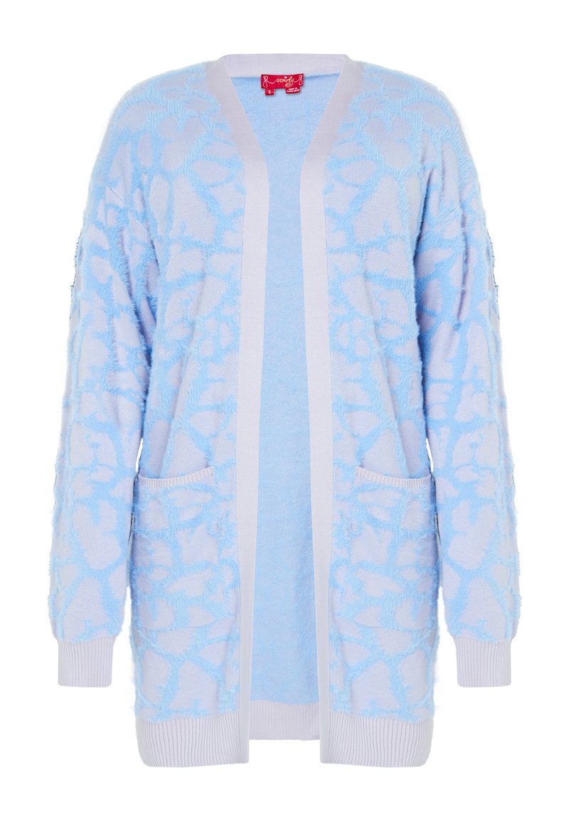 Jasnoniebieski kardigan z teksturowanym kwiatowym wzorem, z otwartym przodem, długimi rękawami i dwiema przednimi kieszeniami. Żebrowane mankiety i dół dla dodatkowego akcentu.