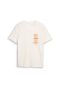 Kurzärmliges T-Shirt in Cremefarbe aus Baumwolle, mit einem Grafikdesign in orange und schwarzem Text auf der Vorderseite, Rundhalsausschnitt und lockerer Passform.
